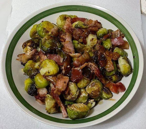 Brussel sprouts and bacon with sugar free maple balsamic glaze.