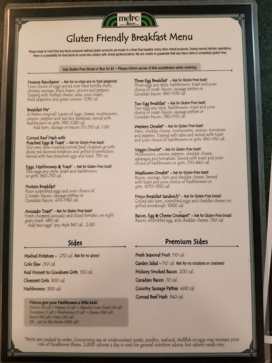 Metro Diner gluten-free menu