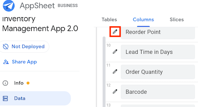 [Data] セクションの [Columns] ページの編集アイコン。