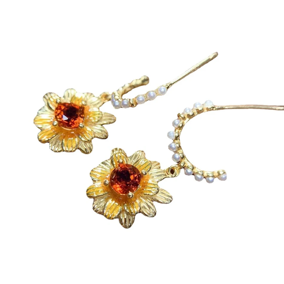 Pendientes de botón de plata 925 con citrino natural engastado, gemas de colores, para un brillo y elegancia diaria.