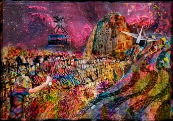 Arte: Rio Wall - Artista: Henrique Vieira Filho O morro como Torre de Babel e o muro que divide realidades, do esplendor da Natureza aos perigos da força guerreira terracota, passando por Roger Waters e Salvador Dali, sob as bênçãos de esperança da Sadako e seus Tsurus.