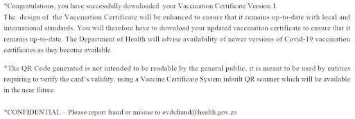 The explanation on a vaccine certificate downloaded on Thursday.