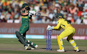 Laura Wolvaardt of South Africa plays a shot as Alyssa Healy of Australia keeps during the ICC Women's T20 World Cup final at Newlands on February 26 2023.