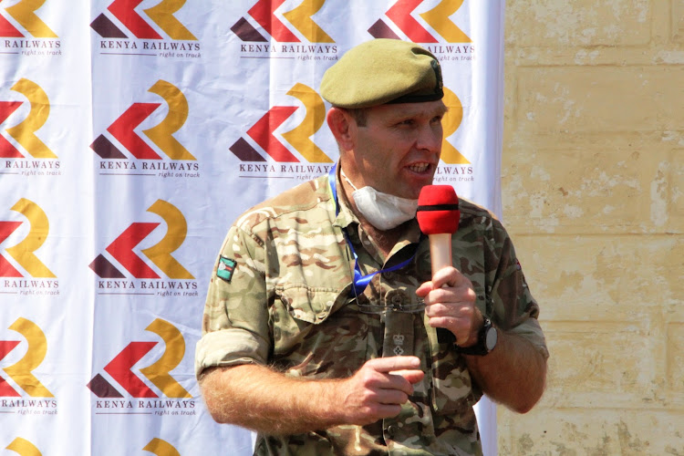 Lt Colonel Finlay Bibbiy from British Army Training Unit in Kenya at Nanyuki railway station.