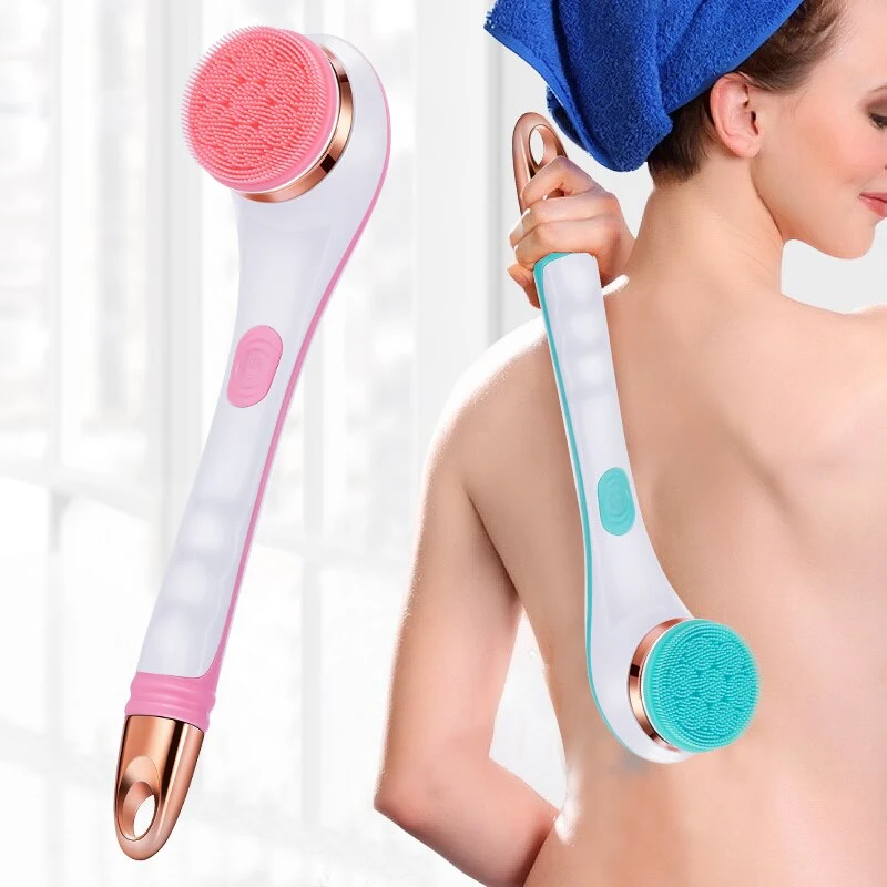 Spazzola da bagno in silicone 4 in 1, massaggiatore schiena elettrico, 4 testine, ricaricabile USB, massaggiatore doccia rotante, 2 velocità.