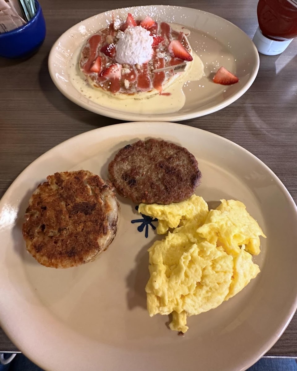 Classic breakfast with strawberry shortcake pancake.