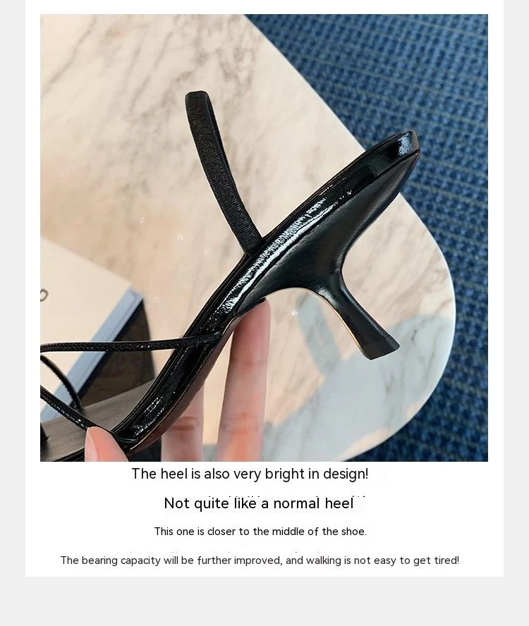 Talons hauts à fines lanières style français, bout carré et flip toe. Élégance et confort pour un look chic et tendance.