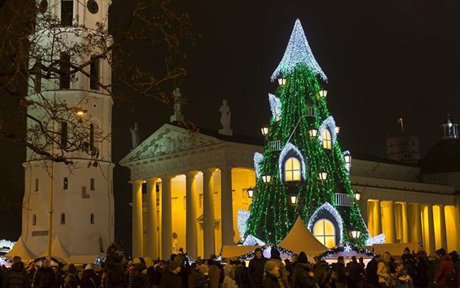 Cây thông Noel trong dịp lễ thắp sáng ở Quảng trường Cathedral, Vilnus, Lithuania.  