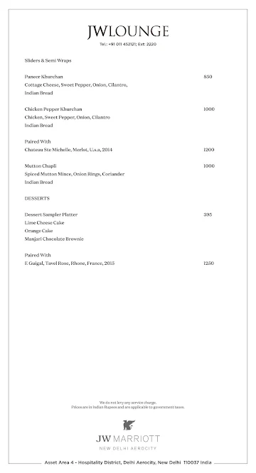 JW Lounge - JW Marriott menu 