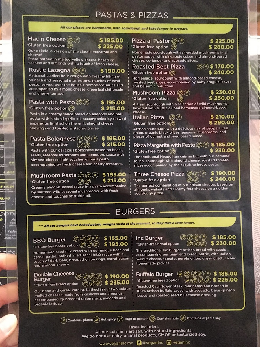 VEGAN INC. gluten-free menu