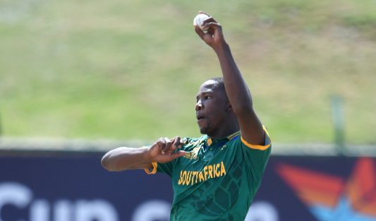 Kwena Maphaka bowls for the Junior Proteas in their ICC U-19 World Cup Super Six match against Sri Lanka at JB Marks Oval in Potchefstroom on February 2