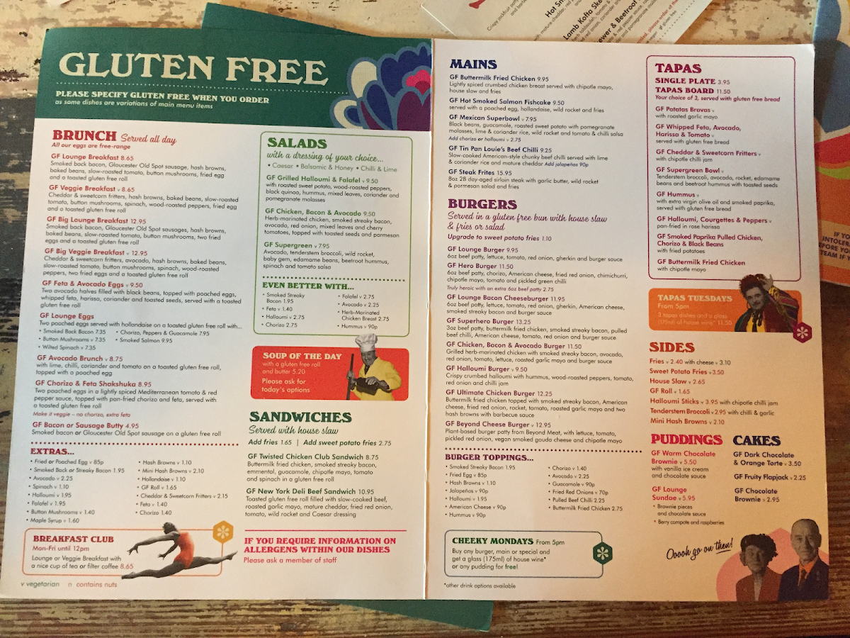 Lounge gluten-free menu