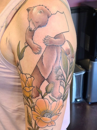 Bear With California Poppy Tattoo