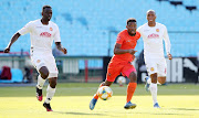 Puleng Tlolane of Polokwane City challenged by Limbikani Mzala of Highlands Park during the Absa Premiership match between Polokwane City and Highlands Park at Loftus Versfeld Stadium on August 21, 2020 in Pretoria, South Africa. 