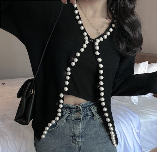 Title 4, Womens Round Neck Pearl Trim Short Long Sleeve...