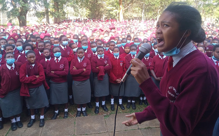 A student leader addressing her a meeting during the strike at Moi Girls High School Eldoret on February 17.