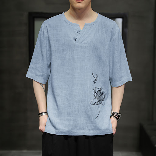 Title 5, Cotton Linen Retro Style Mens Half-Sleeved Chi...