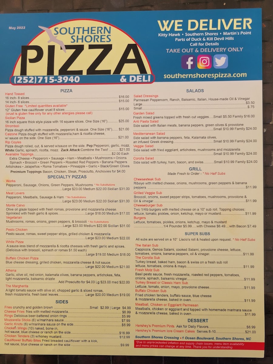 Southern Shores Pizza & Deli gluten-free menu