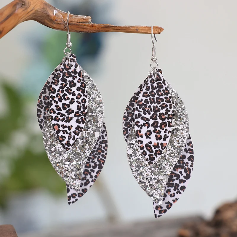 European and American fashion multi-layer sequined leopard leather earrings for a bold and stylish look, perfect for any