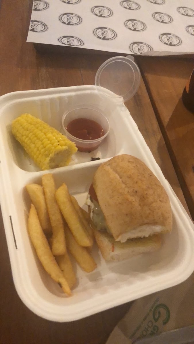 Kids GF burger, corn & chips.
Allergy wise buns. Yum!