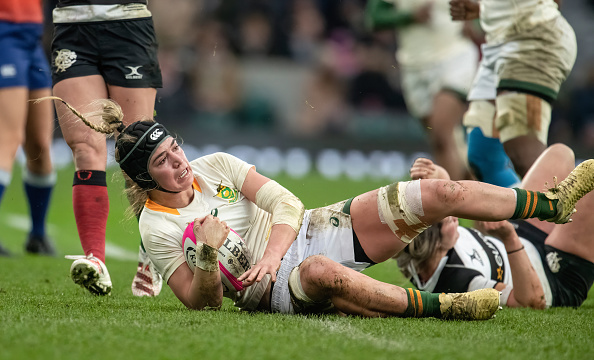 Springbok player Catha Jacobs in action during the Women's International Rugby Killik Cup match between Barbarian Women and Springbok Women's XV at the Twickenham Stadium.
