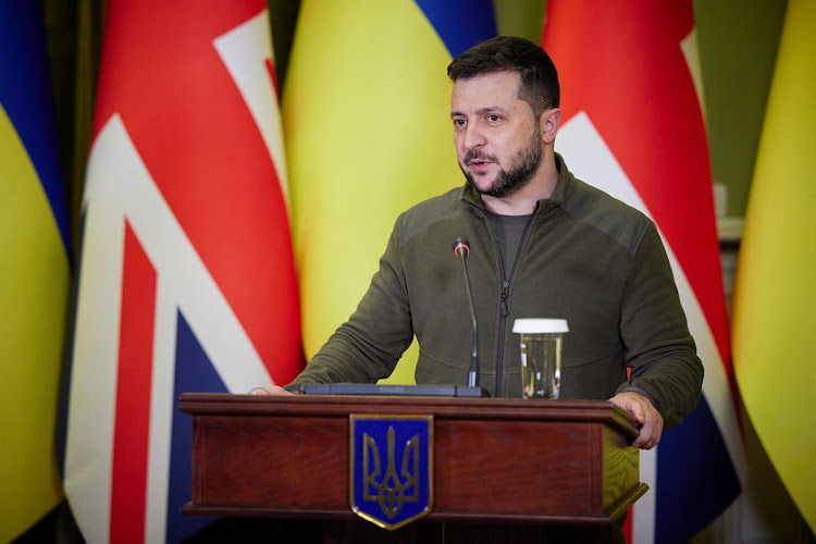 Ukraine's President Volodymyr Zelensky attends a news briefing with British Prime Minister Boris Johnson, as Russia's attack on Ukraine continues in Kyiv on April 9 2022.