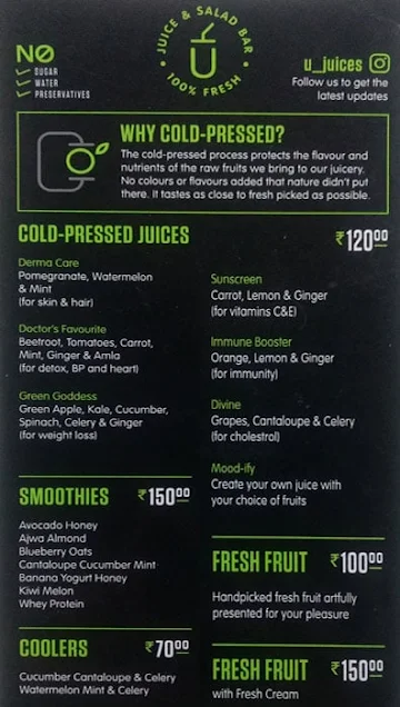 U Juice & Salad Bar menu 