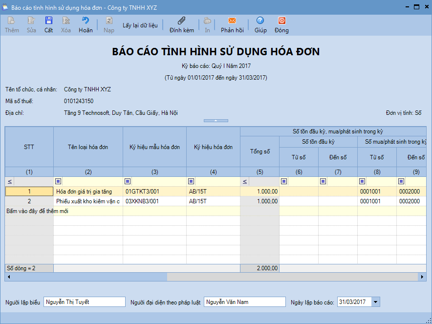 Báo cáo tình hình sử dụng hóa đơn