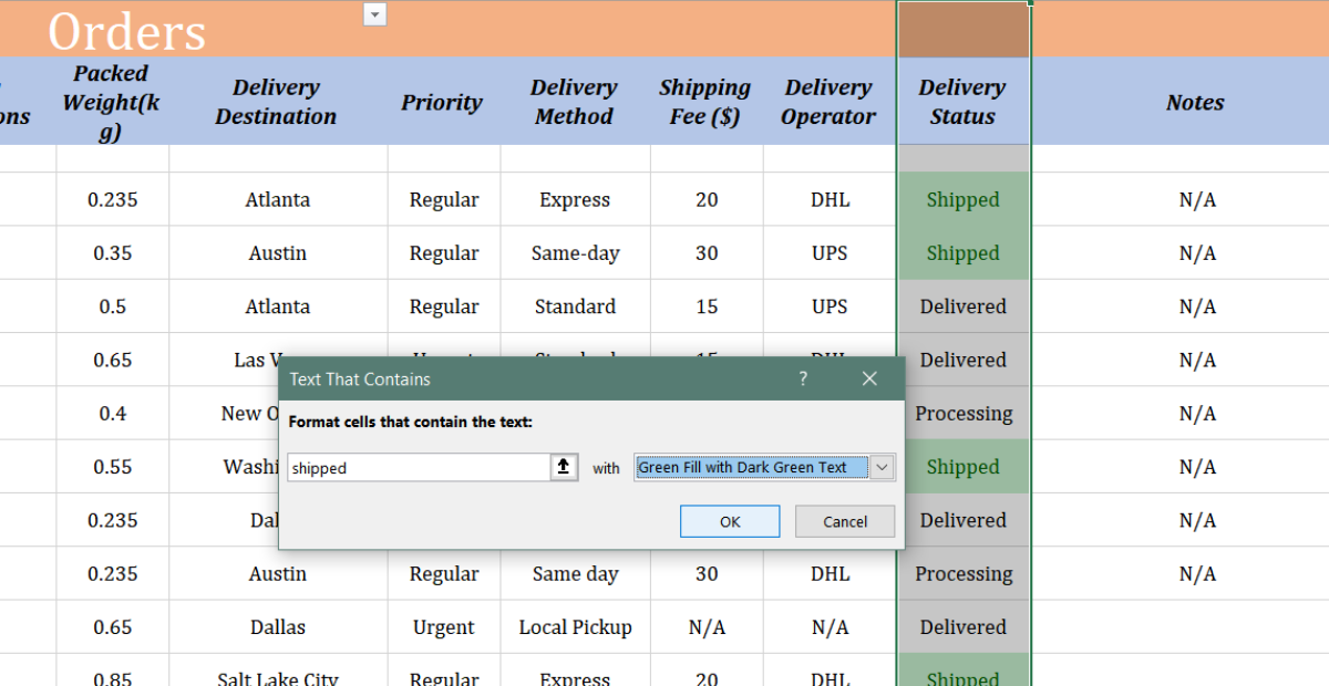 Logistics tracking spreadsheet excel | Conditional formatting | set the highlight rules and formatting options