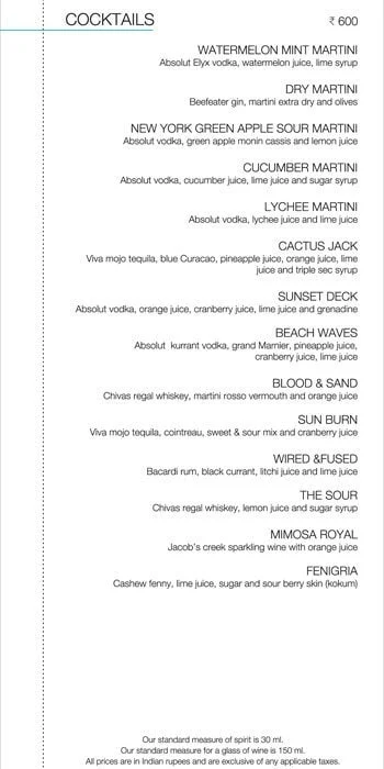 Beach House - Taj Holiday Village Resort & Spa menu 