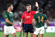 Referee Jerome Garces gestures during the Rugby World Cup 2019 Group B game between New Zealand and South Africa at International Stadium Yokohama on September 21, 2019 in Yokohama, Kanagawa, Japan. 