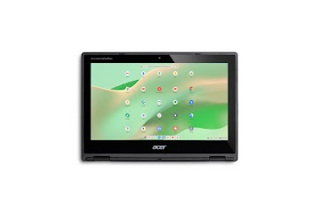 Sicht von vorn auf ein umgeklapptes Acer Chromebook Spin 311 mit Blick auf den Apps-Bildschirm und nach unten zeigender Tastatur