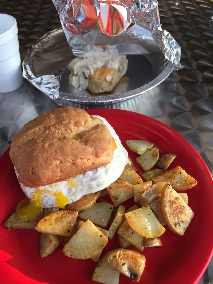 Wonderful breakfast sandwich - and yes, that’s a delicious cinnamon roll peeking out of that container!