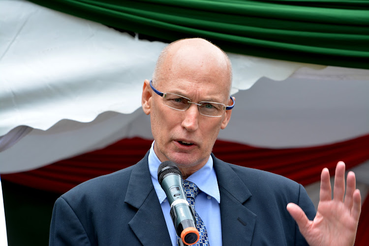 Israel Ambassador to Kenya Noah Gal Gendler speaks during the flagging off of Kenya university agriculture students to Israel at Kilimo House on July 24, 2018