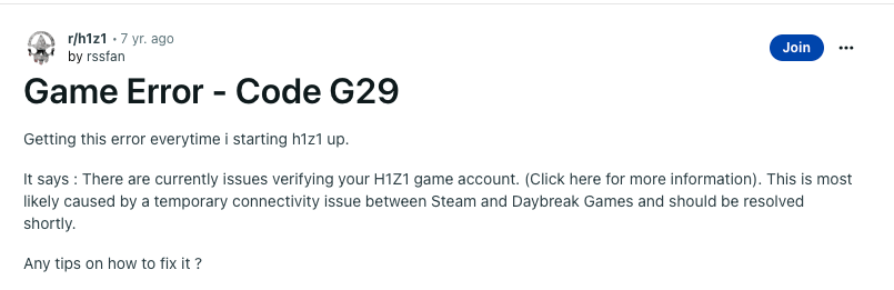 H1Z1 Error Code g29