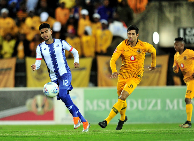 Maritzburg United attacking midfielder Keagan Buchanan (L) vies for the ball with Kaizer Chiefs striker Leonardo Castro during the Absa Premiership match at Harry Gwala Stadium in Pietermaritzburg on August 17 2018.