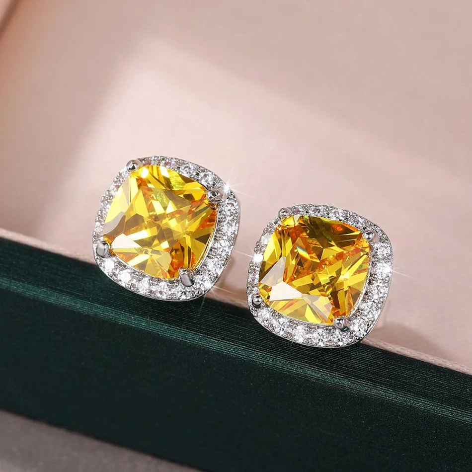 Clous d'oreilles carrés et brillants, zircon jaune et blanc, design simple, haute sensibilité, pour femmes.
