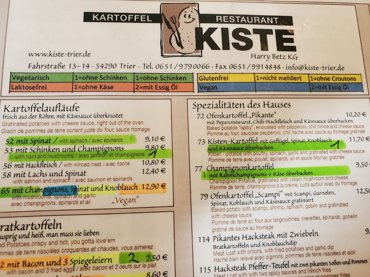 Restaurant Kartoffel Kiste gluten-free menu