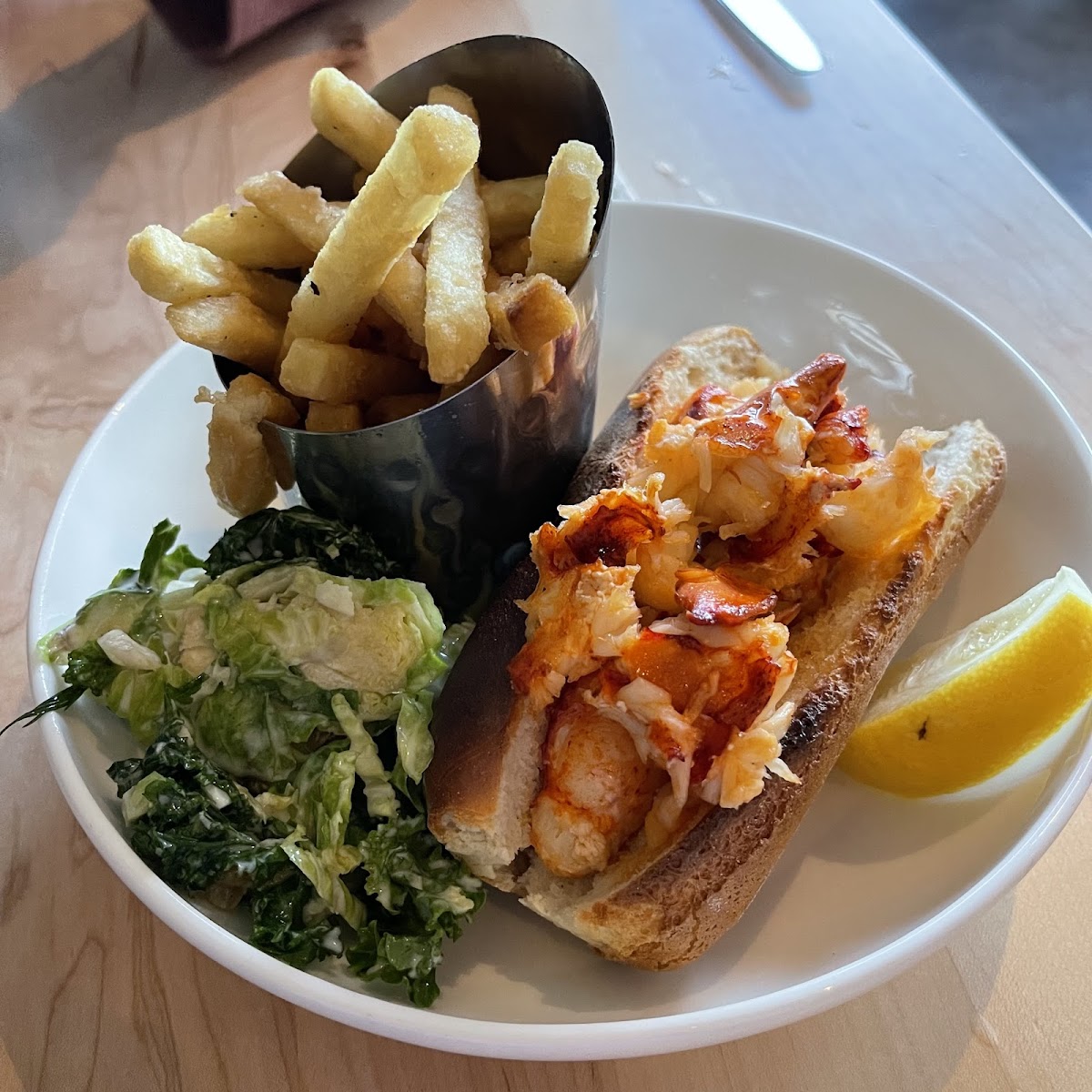 Sutton lobster roll on gf roll, Brussels sprouts salad and fries from dedicated fryer.