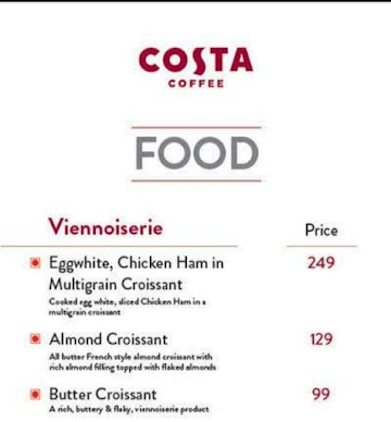 Costa Coffee menu 