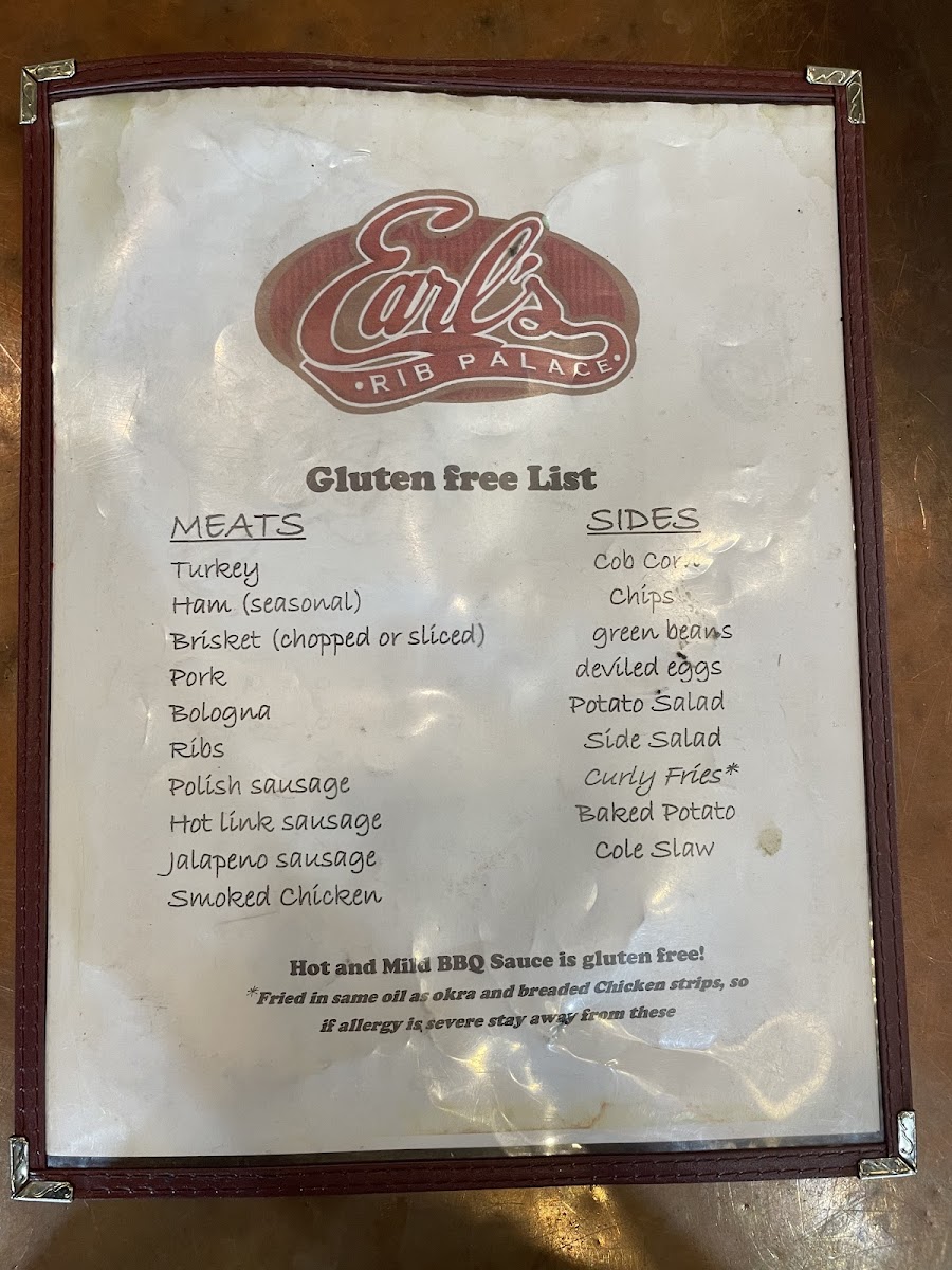 Earl's Rib Palace gluten-free menu