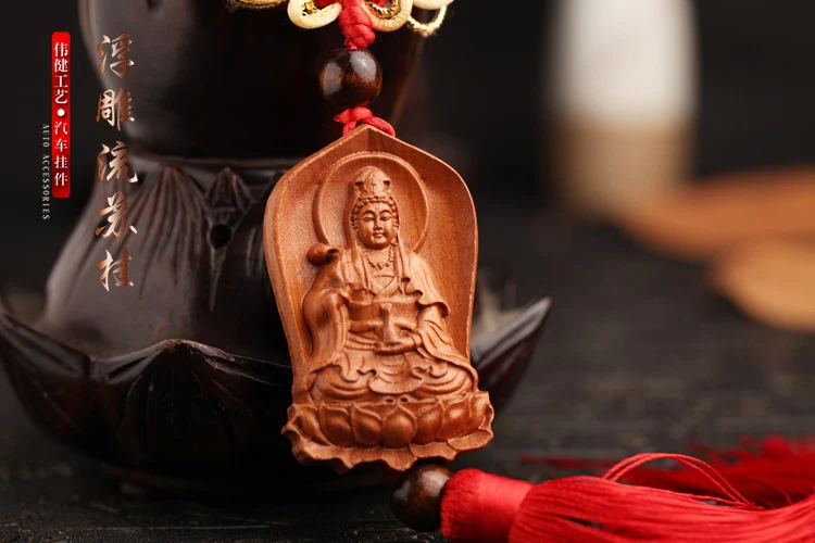 Title 7, Peach Wood Carved Lotus Guanyin Rearview Mirror...