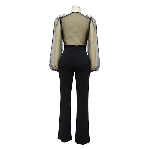 Title 21, Mesh Lantern Sleeve V-neck Backless Jumpsuit