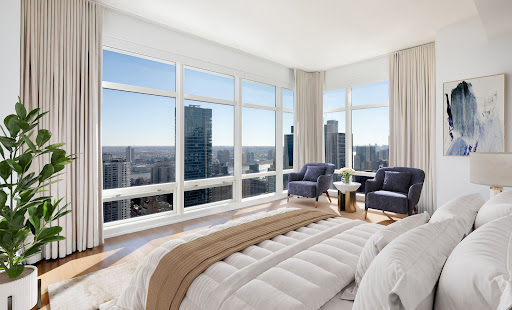 Modern bedroom with panoramic city view in this luxury apartment / penthouse for rent in New York ($17,500)