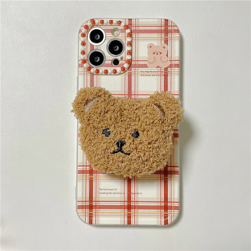Title 4, Plaid Plush Bear Stand Phone Soft Case, provide...