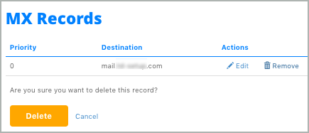 The Remove and Delete buttons are shown for an MX record in the MX Records table.
