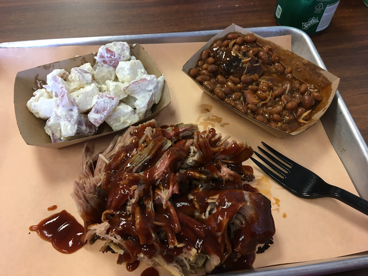 Pulled pork with baked beans and potato salad