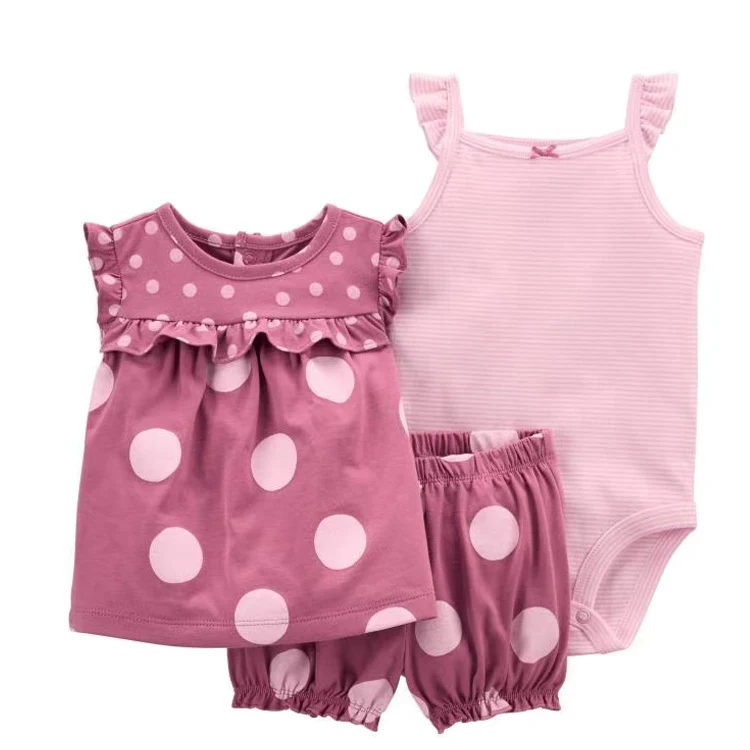 Baby meisjes korte mouwen T-shirt en short drieledig pak – Comfortabele zomeroutfit voor kleine meisjes, schattig en praktisch.