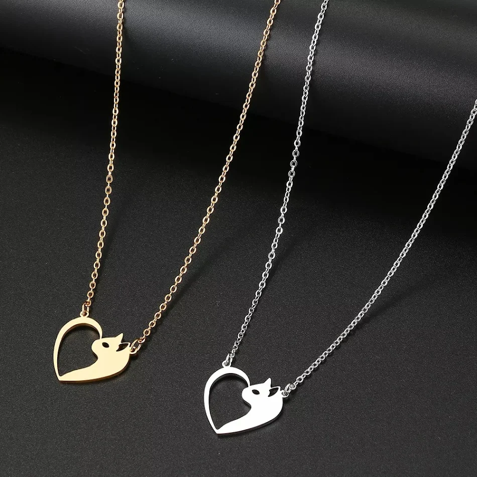 Damesmode Ketting RVS Hart Kat Hol Hanger Choker Collier. Mode sieraden, cadeau voor vrouwen.