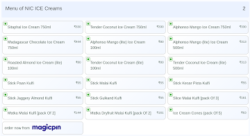 NIC ICE Creams menu 